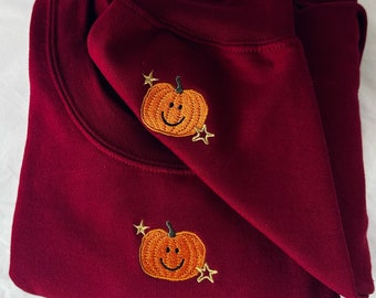 Embroidered Jumper 'Happy Pumpkin' & Sleeve, Cute Autumn Sweater, Halloween Sweatshirt, Pumpkin Sweatshirt