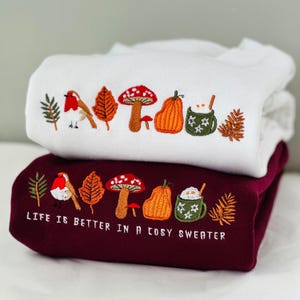 Embroidered Cosy Autumn Sweatshirt, Crewneck Sweater, Nature Inspired Embroidery, fall design