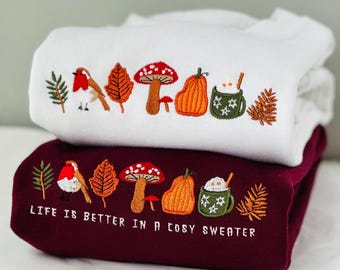 Embroidered Cosy Autumn Sweatshirt, Crewneck Sweater, Nature Inspired Embroidery, fall design