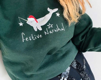 Embroidered Christmas Jumper with holographic Narwhal design 'Festive Narwhal'