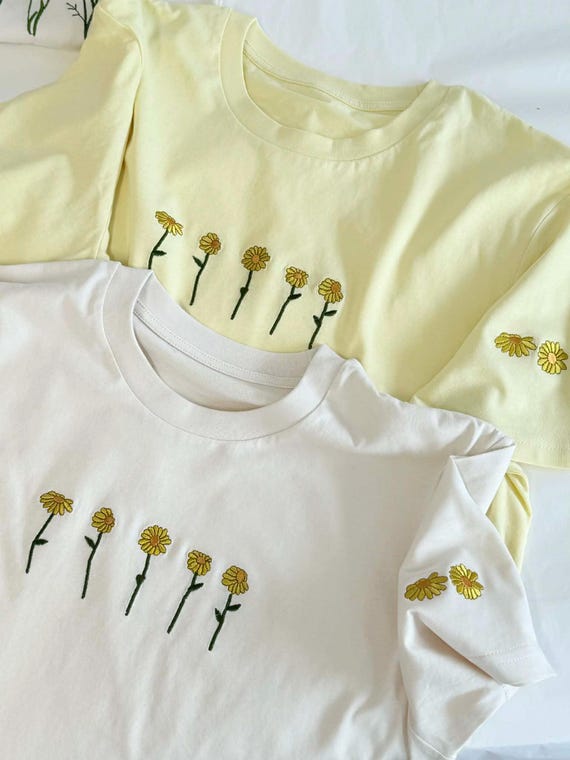 Embroidered Sunflowers T-shirt Unisex Organic Cotton - Spring Summer Top