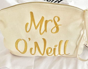 Personalised MRS Make-up Bag/Clutch Bag - Wedding / Bride Gift - Wash Bag - Embroidered Organic Cotton