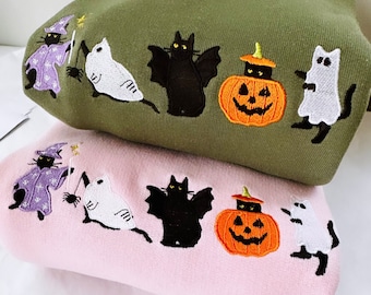 Halloween Cats Embroidered Sweatshirt, Cute Autumn Sweater, Halloween Jumper, Cat Lover , Pumpkin Sweatshirt.