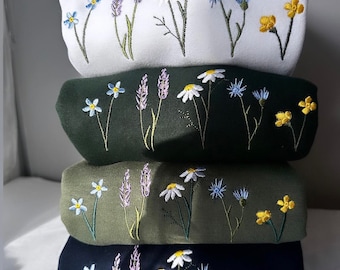 Embroidered Wildflower Crewneck Sweater, Nature Floral Embroidery, Unisex Comfort Fit Sweatshirt or Hoodie