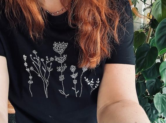Embroidered fine line florals eco-friendly t-shirt - organic cotton unisex t-shirt with hand drawn floral designs