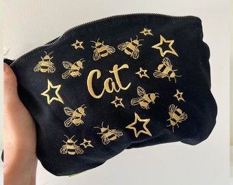 Personalised Organic Cotton Make-up Bag/Clutch Bag - Eco Friendly - Wash Bag - Embroidered Bees & Stars