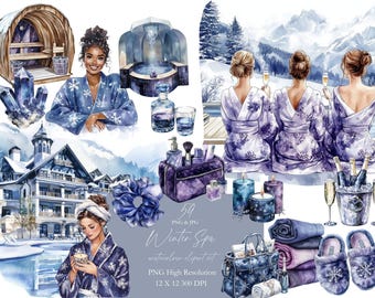 Winter Spa cozy Clipart Planner girl Watercolor Journaling cottagecore Cozy Cottage Vibe Retreat Me Time winter bride invite