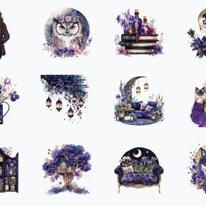 K&ouml;nnte beinhalten: Ein Set mit 12 digitalen Illustrationen in einem verspielten Lila- und Blauton. Die Illustrationen beinhalten eine Eule, eine Frau mit einer Katze, einen Wolf, ein Baumhaus, ein B&uuml;cherregal, eine Gie&szlig;kanne, einen Halbmond, eine Couch und einen Stuhl. Die Illustrationen sind perfekt f&uuml;r die Verwendung in Scrapbooking, Kartenherstellung und anderen kreativen Projekten.