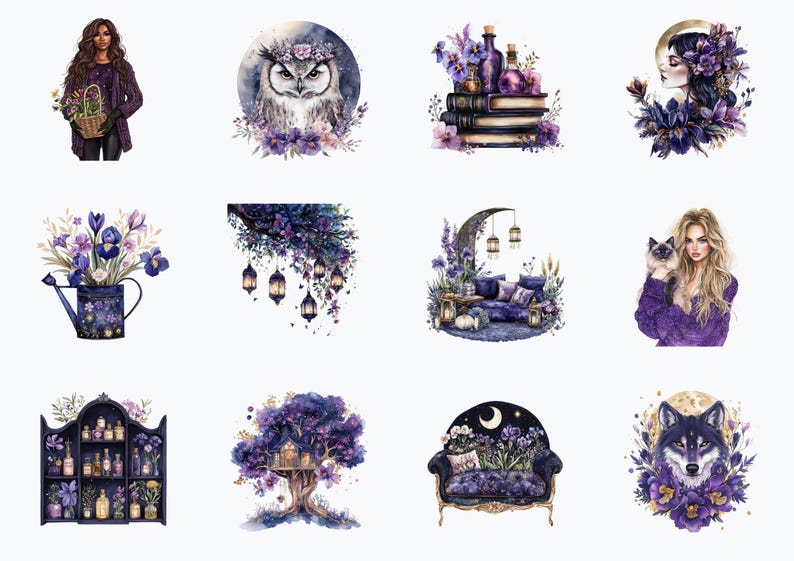 K&ouml;nnte beinhalten: Ein Set mit 12 digitalen Illustrationen in einem verspielten Lila- und Blauton. Die Illustrationen beinhalten eine Eule, eine Frau mit einer Katze, einen Wolf, ein Baumhaus, ein B&uuml;cherregal, eine Gie&szlig;kanne, einen Halbmond, eine Couch und einen Stuhl. Die Illustrationen sind perfekt f&uuml;r die Verwendung in Scrapbooking, Kartenherstellung und anderen kreativen Projekten.