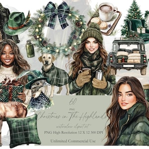 Christmas in the Highlands clipart winter planner clipart, aquarel journaling, geruite kerst, Cottagecore, donkergroen decor invite