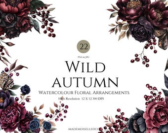 Arreglos florales otoñales silvestres, acuarela marrón, negro, burdeos, estampado de leopardo acogedor, clipart de otoño
