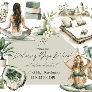 Rustige yoga-retraite clipart planner clipart, aquarel journaling, groene planner, fitness, zelfzorg, invite