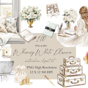 Fille de planificateur blanc fantaisiste Clipart aquarelle journalisation aquarelle cottagecore cosy cottage ambiance blanc déco inviter