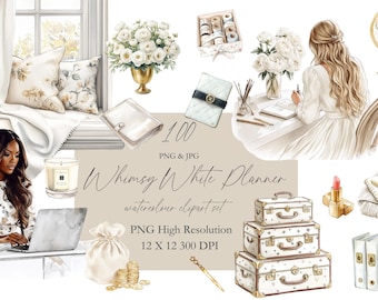 Whimsy White Planner Clipart floral Planner girl Watercolor Journaling Rustic cottagecore Cozy Cottage Vibe White Decor Invite