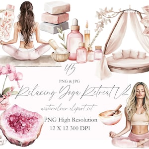 Kalmerende yoga retraite clipart roze planner clipart, aquarel journaling, roze, zelfzorgplanner, fitness, zelfzorg, uitnodigen