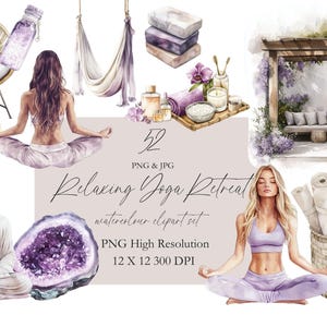 Kalmerende yogaretreat clipart planner clipart, aquarel journaling, lila, zelfzorgplanner, fitness, zelfzorg, uitnodigen
