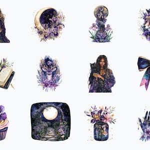 K&ouml;nnte beinhalten: Ein Set mit 10 digitalen Illustrationen mit einem verspielten, magischen Thema. Die Illustrationen zeigen eine Frau mit einer Katze, einen Fuchs, ein Reh, einen Halbmond, ein Buch, einen Cupcake, eine Schleife, ein Glas mit Blumen, einen mondbeschienenen Weg und ein Paar H&auml;nde.