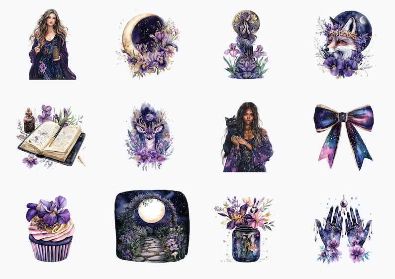 K&ouml;nnte beinhalten: Ein Set mit 10 digitalen Illustrationen mit einem verspielten, magischen Thema. Die Illustrationen zeigen eine Frau mit einer Katze, einen Fuchs, ein Reh, einen Halbmond, ein Buch, einen Cupcake, eine Schleife, ein Glas mit Blumen, einen mondbeschienenen Weg und ein Paar H&auml;nde.