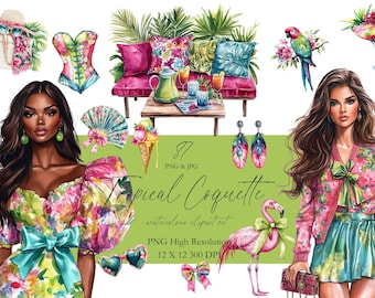 Planejador Tropical Coquette Clipart Floral Planejador Menina Aquarela Diário Férias Coquettecore Tropical Vibe Verde Rosa Decoração Convite