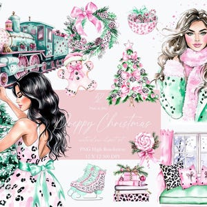 Preppy Christmas Clipart Winter Planner Clipart, Akwarela Biały Rumieniec Różowy Akwarela, Cottagecore, zima Clipart