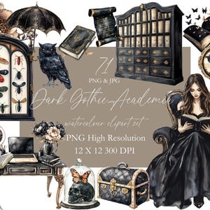 Gothic Dark Academia Clipart Planer Mädchen Aquarell Journaling Cottagecore Gemütliche Hütte Vibe Schwarz Gold Dekor einladen