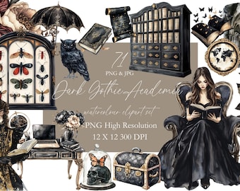 Gothic Dark Academia Clipart Planner girl Watercolor Journaling cottagecore Cozy Cottage Vibe Black gold Decor Invite
