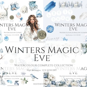 Op de afbeelding: Een digitale kunstcollectie getiteld "Winters Magic Eve" met aquarel clipart, journaling elementen en bloemstukken. De afbeelding bevat winterse taferelen, sneeuwvlokken en vrouwen, met tekstoverlays.