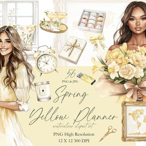 Lente gele planner meisje clipart, cottagecore bloemen png's, aquarel kunst voor journaling, uitnodigingen en rustiek digitaal decor