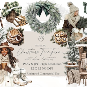 Arbre de Noël ferme des cliparts des cliparts, planificateur d'hiver des cliparts, journal aquarelle, Noël rustique, Noël douillet, invitation déco vert foncé