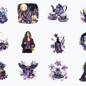 K&ouml;nnte beinhalten: Eine Sammlung von 12 digitalen Illustrationen mit einem verspielten, magischen Thema. Die Illustrationen beinhalten einen zunehmenden Mond, eine Teekanne, einen Kristall, einen Fuchs, eine Frau mit einer Gie&szlig;kanne, eine Flasche mit Zaubertrank, einen Stapel B&uuml;cher, einen Schmetterling, eine Teetasse und eine Frau mit einem Buch. Die Illustrationen sind alle in Violett- und Blaut&ouml;nen mit goldenen Akzenten gehalten.