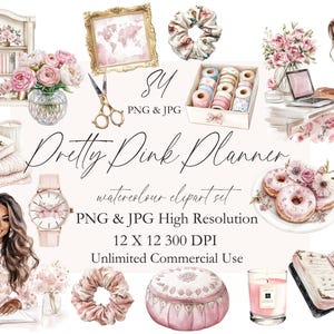 Pretty Pink Planner Clipart floral Planner menina Aquarela Diário Rústico cottagecore Aconchegante Cottage Vibe Blush Pink Decor Convite