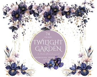 Twilight Garden  Floral Arrangements Planner Girl Watercolor Journaling Cottagecore Floral Cozy Celestial, Boho Vibe Purple Decor Invite