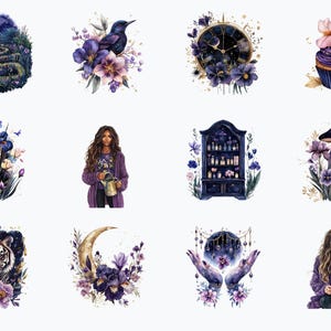 K&ouml;nnte beinhalten: Ein Set mit 12 digitalen Illustrationen in einem verspielten Lila- und Gold-Farbschema. Die Illustrationen zeigen einen Tiger, einen Cupcake, eine Uhr, eine Frau mit einer Gie&szlig;kanne, eine Frau mit einer Tasse Tee, einen Schrank mit Flaschen, einen Pilz, einen Halbmond, eine Hand mit einem Kristall und einen gewundenen Pfad.
