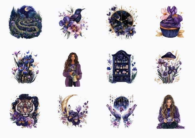 K&ouml;nnte beinhalten: Ein Set mit 12 digitalen Illustrationen in einem verspielten Lila- und Gold-Farbschema. Die Illustrationen zeigen einen Tiger, einen Cupcake, eine Uhr, eine Frau mit einer Gie&szlig;kanne, eine Frau mit einer Tasse Tee, einen Schrank mit Flaschen, einen Pilz, einen Halbmond, eine Hand mit einem Kristall und einen gewundenen Pfad.