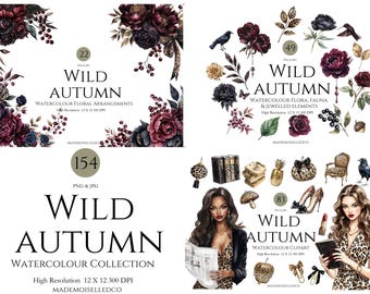 Colección completa de otoño salvaje, acuarela marrón, negro, burdeos, estampado de leopardo acogedor, clipart de otoño