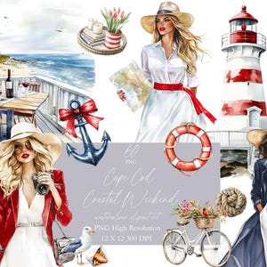 Clipart de Cape Cod, PNG de chica planificadora costera, arte de acuarela rojo, blanco y azul para diario de verano, invitaciones de playa y decoración para fiestas