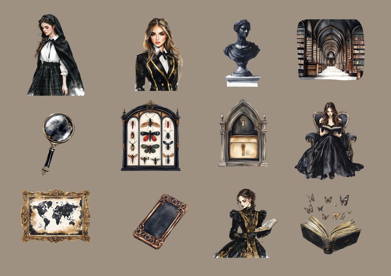 Gothic Dark Academia Clipart Planner Girl Watercolor Journaling ...