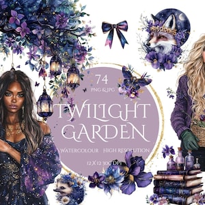 Twilight Garden Clipart Floral Planner Girl aquarelle journalisation Cottagecore Floral confortable céleste, ambiance bohème violet, rose, déco, inviter