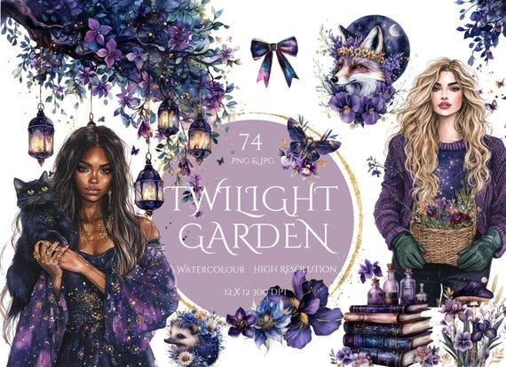 Twilight Garden Clipart Floral Planner Girl Watercolor Journaling Cottagecore Floral Cozy Celestial, Boho Vibe Purple, Pink, Decor Invite
