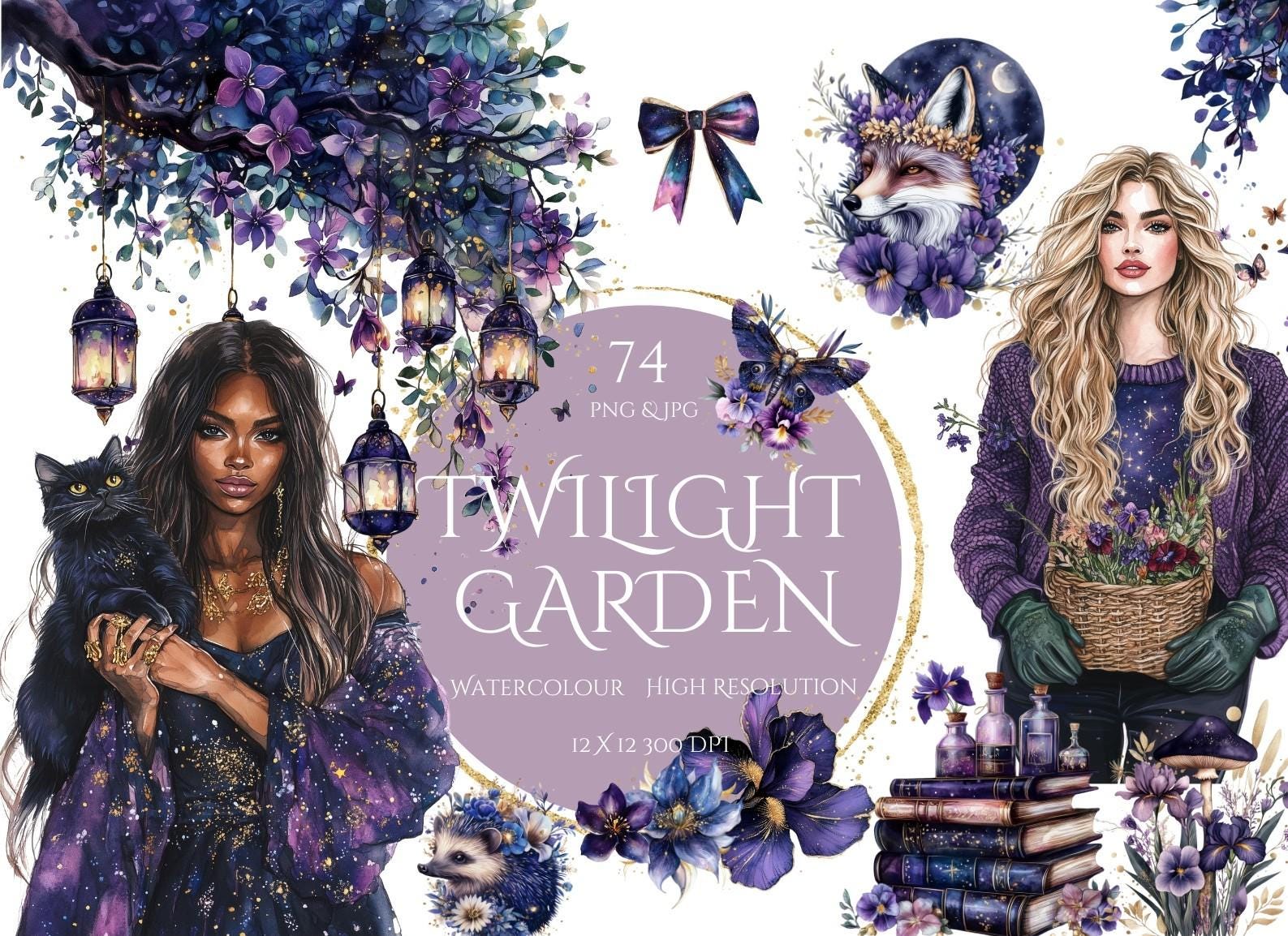Twilight Garden Clipart Floral Planner Girl Watercolor Journaling Cottagecore Floral Cozy Celestial, Boho Vibe Purple, Pink, Decor Invite