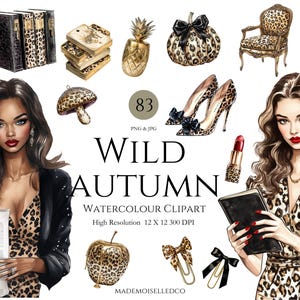 Puede incluir: Clipart de acuarela "Wild Autumn" con ilustraciones de mujeres, tacones altos, una calabaza, un cuervo y otros elementos con un diseño de estampado de leopardo. La imagen incluye el texto "83 PNG & JPG".