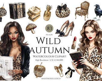 Clipart de otoño salvaje, acuarela marrón, negro, burdeos, estampado de leopardo acogedor, clipart de otoño