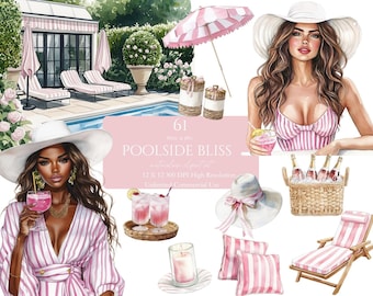 Poolside Bliss Planner Clipart pink Planner girl Watercolor Journaling Summer Poolside coquette Pink Decor Invite