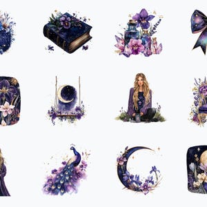 K&ouml;nnte beinhalten: Ein Set mit 10 digitalen Illustrationen in einem verspielten Lila- und Blauton. Die Illustrationen zeigen einen Igel, ein Buch, einen Mond, eine Schaukel, einen Pfau, einen Stuhl, eine Frau, eine Schleife und Blumen.