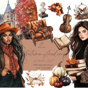 May include: A watercolour clipart set titled "Autumn Academic" featuring illustrations of women, pumpkins, books, a violin, and an armchair. The image includes text that reads "80 PNG & JPG" and "PNG High Resolution 12 X 12 300 DPI."