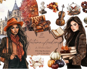 Op de afbeelding: Watercolor clipart set getiteld "Autumn Academic" met illustraties van vrouwen, pompoenen, boeken, een viool en een fauteuil. De afbeelding bevat de tekst "80 PNG & JPG" en "PNG High Resolution 12 X 12 300 DPI."