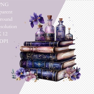 K&ouml;nnte beinhalten: Ein Stapel antiker B&uuml;cher mit einer violetten Blume und vier Glasflaschen, gef&uuml;llt mit einer violetten Fl&uuml;ssigkeit. Die Flaschen haben ein sternenf&ouml;rmiges Design und sind mit Korkstopfen versehen.