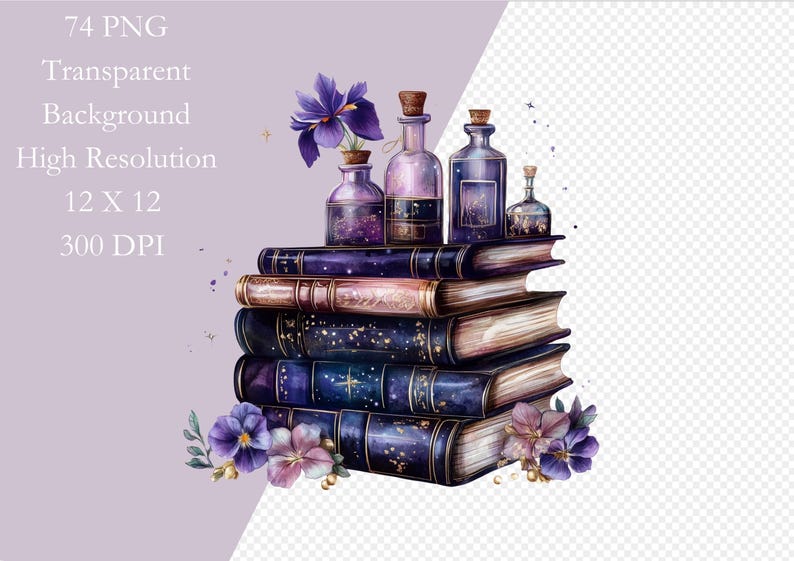 K&ouml;nnte beinhalten: Ein Stapel antiker B&uuml;cher mit einer violetten Blume und vier Glasflaschen, gef&uuml;llt mit einer violetten Fl&uuml;ssigkeit. Die Flaschen haben ein sternenf&ouml;rmiges Design und sind mit Korkstopfen versehen.