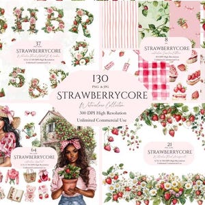 Strawberrycore complete collectie clipart schattig planner meisje aquarel journaling girly coquette zomer roze decor uitnodigen