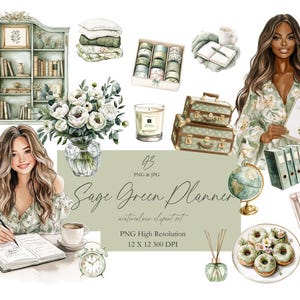 Saliegroen planner meisje clipart, cottagecore bloemen png's, aquarel journaling stickers, gezellige digitale kunst voor uitnodigingen en scrapbooking